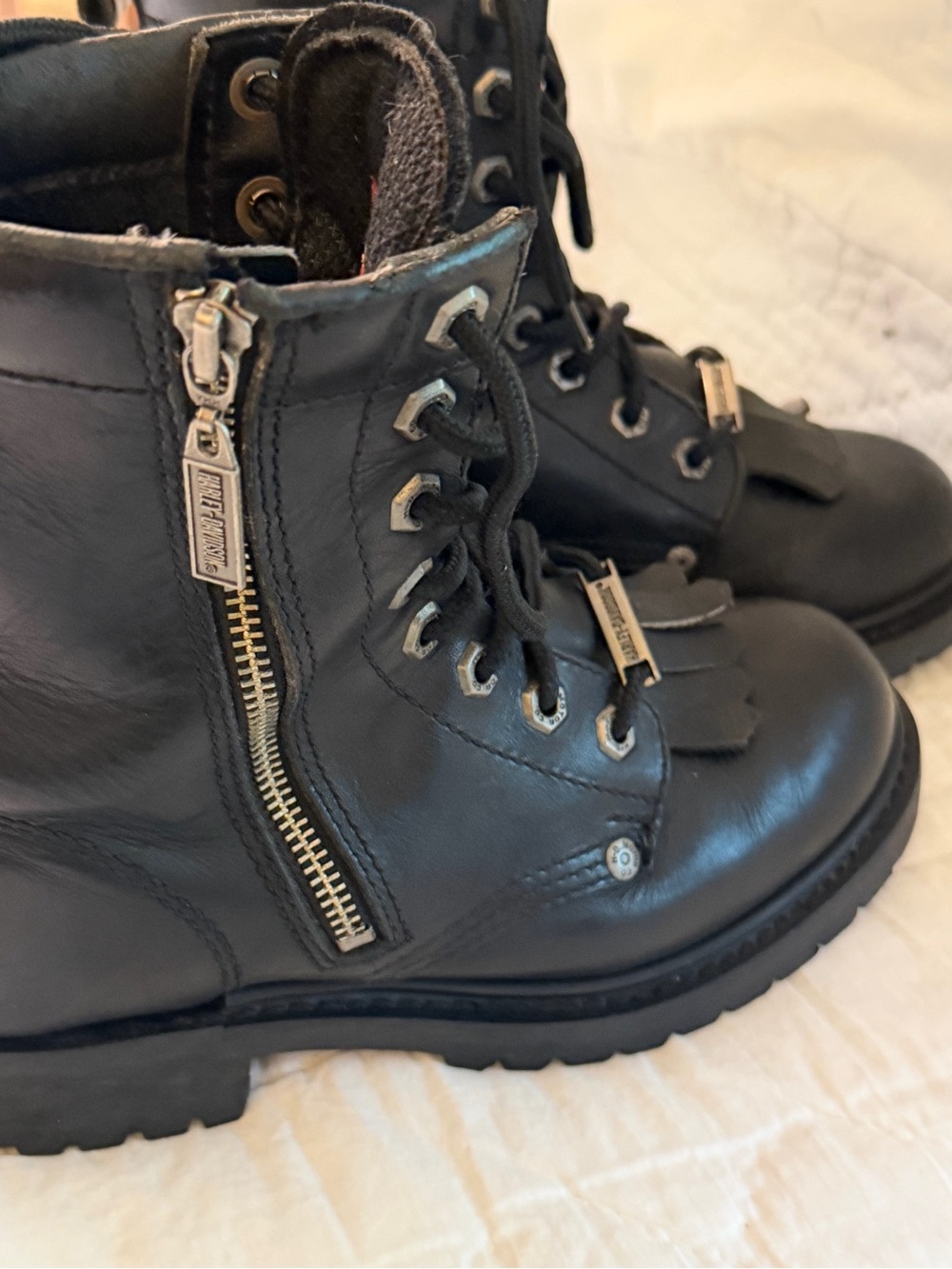 Harley-Davidson Black Leather Women's Combat Boots with Gold Zipper